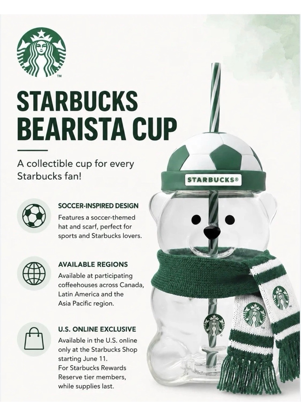Starbucks FIFA Soccer Bearista Glass cup NIB RESERVE MEMBER ONLY - Picture 3 of 10